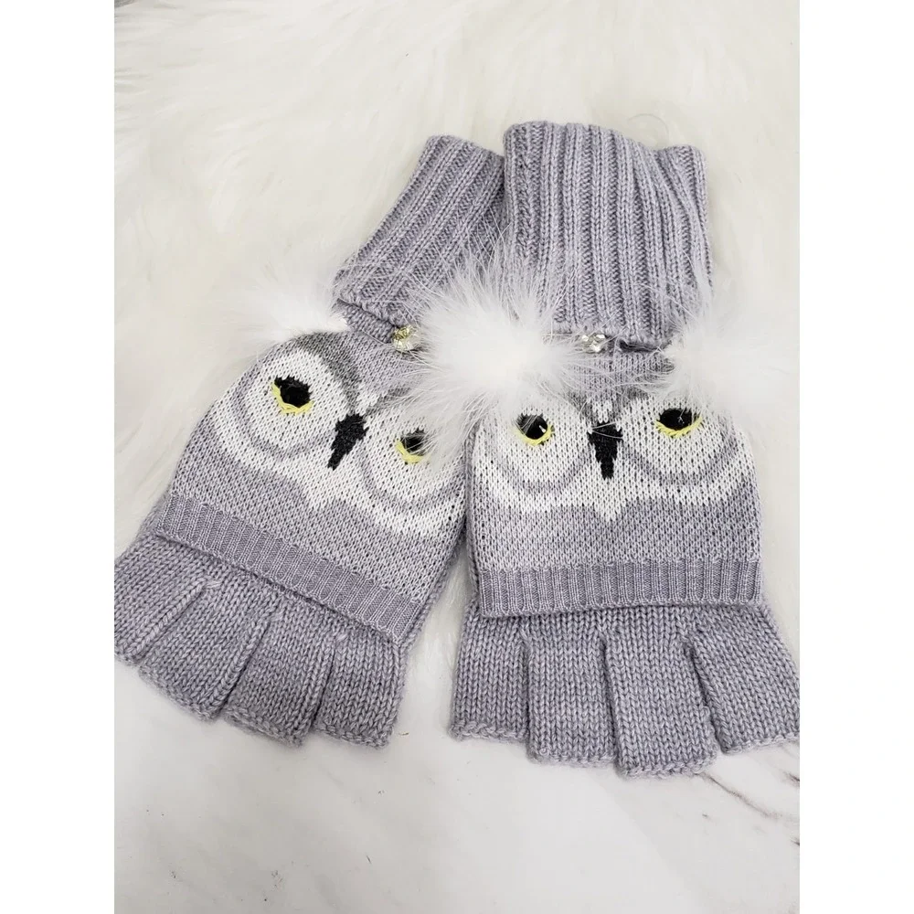 KATE SPADE NEW YORK WHIMSICAL OWL MITTENS‎ GRAY FAUX FUR GLAM ANIMAL